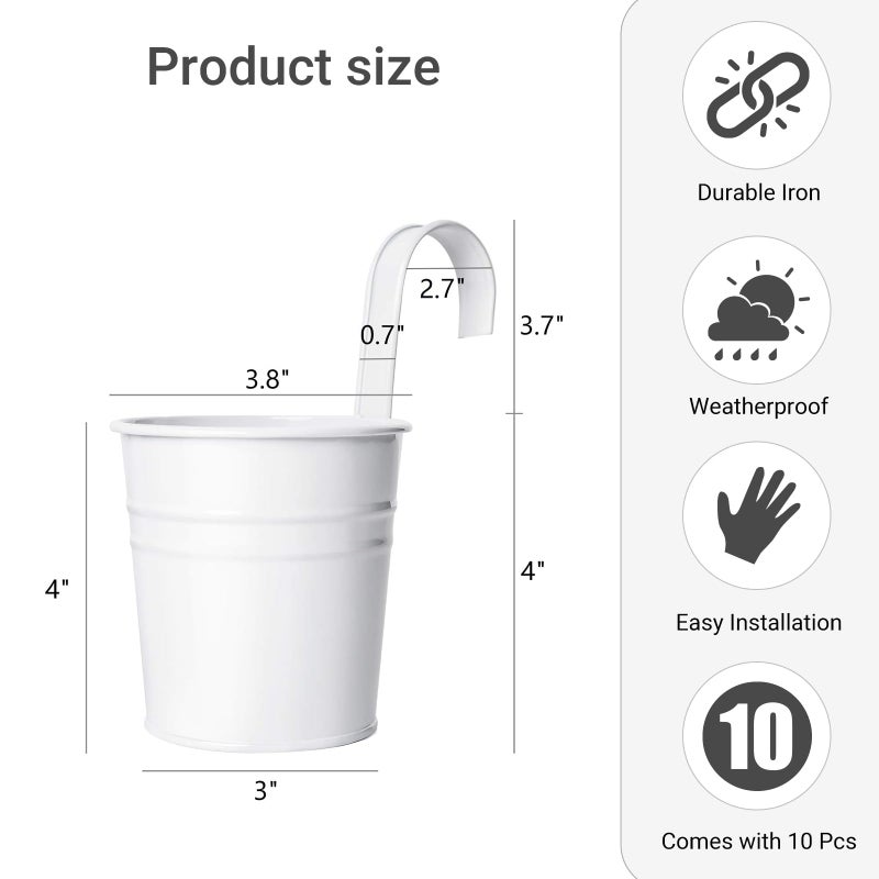 Dahey 10 Pcs Hanging Flower Pots Metal Iron Bucket Planter for Railing Fence Balcony Garden Home Decoration Flower Holders with Detachable Hooks, White, 4 Inches - Image 2